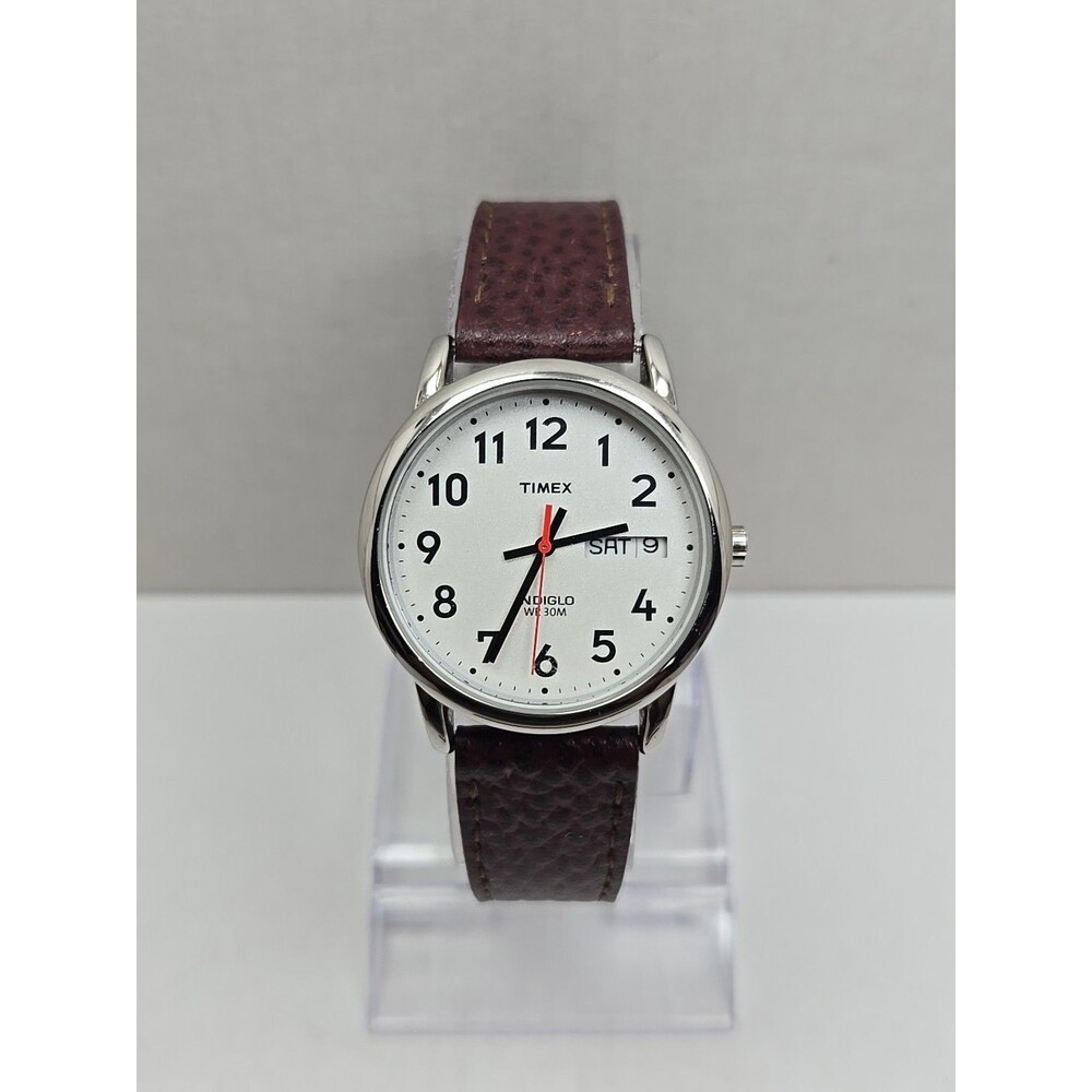 Timex Easy Reader T20041 Indiglo Day Date Silver Dial Leather Watch New Battery